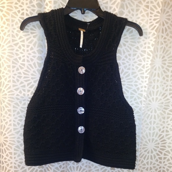 Free People Black Wool Knit Sweater Vest Button Up - Picture 3 of 7
